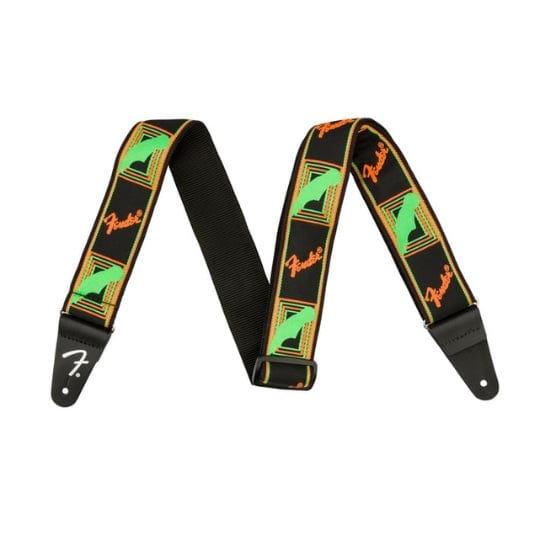 Fender Home Page Fender Neon Monogrammed Strap Green and Orange 2 - Byron Music