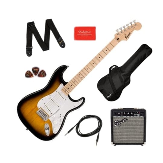 Squier Home Page Squier Sonic Stratocaster Pack Maple Fingerboard 2-Color Sunburst Gig Bag 10G - 240V AU - Byron Music