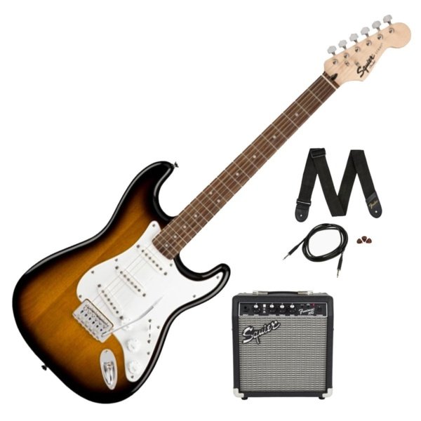 Squier Guitar Fender Squier Stratocaster Electric Guitar Amp Pack Brown Sunburst Byron Music
